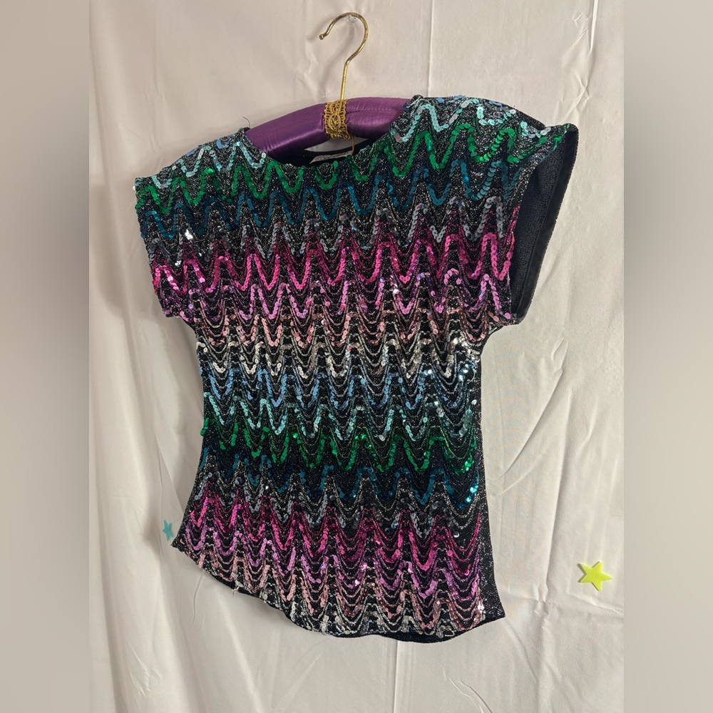 VTG Black Neon Sequin‎ Short Sleeve Women's Top Size Small